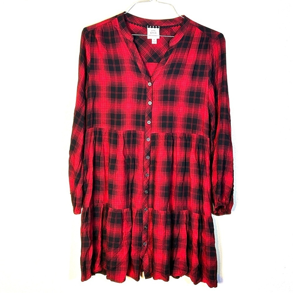 Knox Rose Red Black Buffalo Plaid Tiered Dress Cabincore Boho Dark Grunge Sz M
